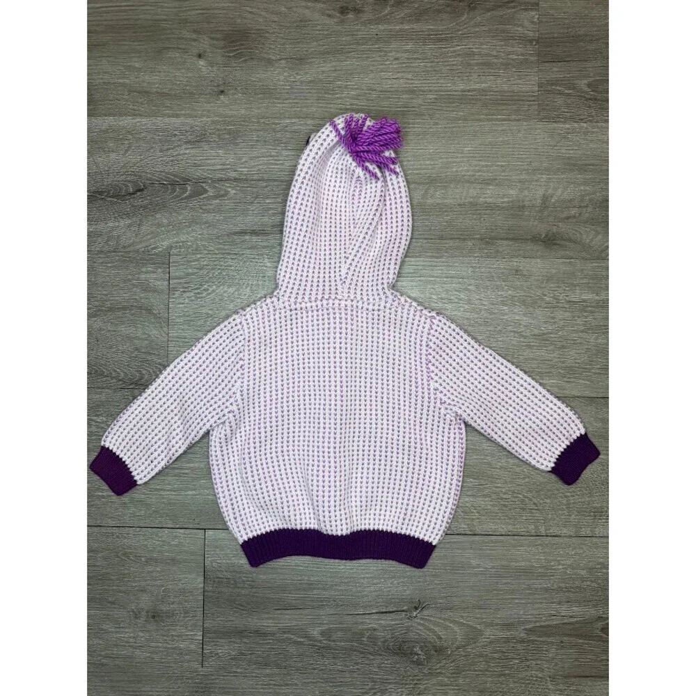 Baby Hooded Knit Cardigan Sweater Pom Pom Purple White Button 6-12 Months